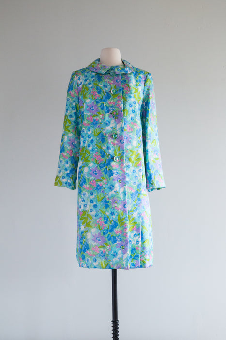 Fabulous 1960's Watercolor Silk Dress & Matching Coat By Milton Saunders / ML