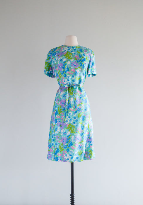 Fabulous 1960's Watercolor Silk Dress & Matching Coat By Milton Saunders / ML