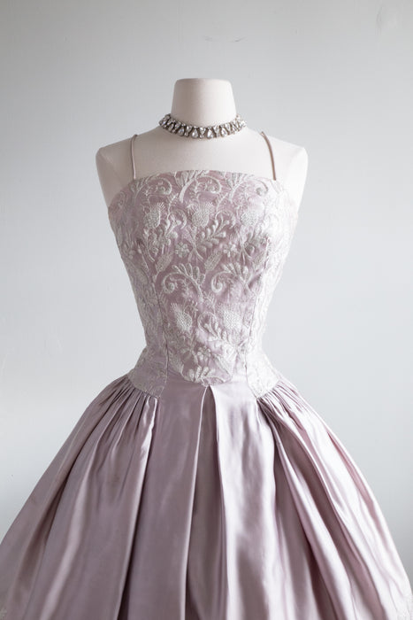 Breathtaking 1950's Embroidered Steel Lavender Satin Party Dress / Small