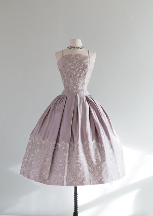 Breathtaking 1950's Embroidered Steel Lavender Satin Party Dress / Small