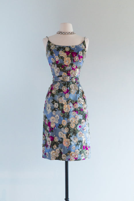Divine Early 1960's Silk Floral Print Cocktail Dress With Lame' & Sequ ...