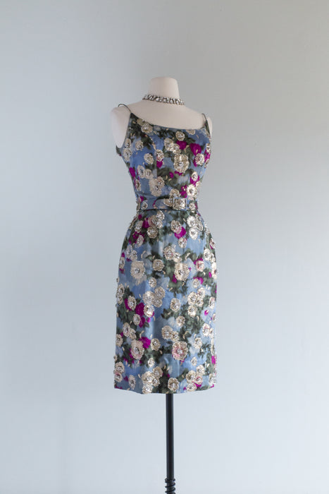 Divine Early 1960's Silk Floral Print Cocktail Dress With Lame' & Sequins / Waist 26