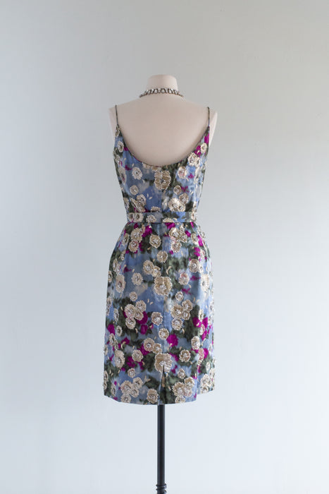 Divine Early 1960's Silk Floral Print Cocktail Dress With Lame' & Sequins / Waist 26