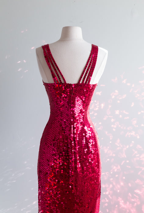 Fabulous Vintage Cherry Red Sequined Bombshell Gown / Small