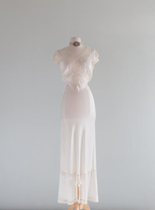 Gorgeous 1930's Bias Cut Ivory Satin Slip Dress Night Gown / Small