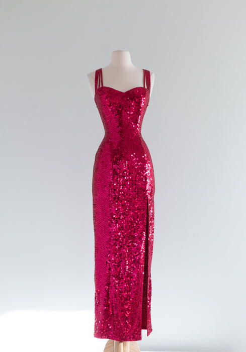 Fabulous Vintage Cherry Red Sequined Bombshell Gown / Small