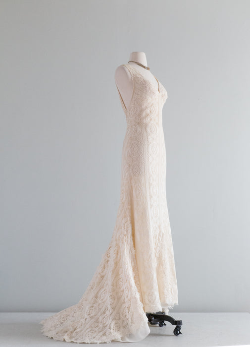 Vintage Style Crochet Lace Wedding Gown By Yolan Cris / Small