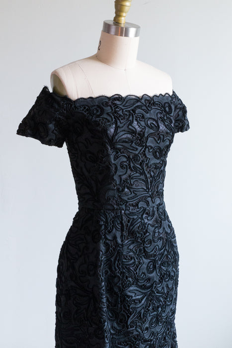 Exquisite 1950's Couture Cocktail Dress In Soutache Black Lace / Small