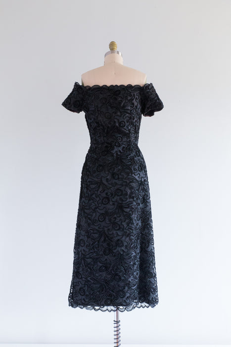 Exquisite 1950's Couture Cocktail Dress In Soutache Black Lace / Small