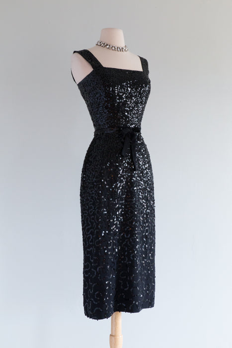 The Ultimate Late 1940's Liquid Black Sequin Cocktail Dress By Frank Starr / SM