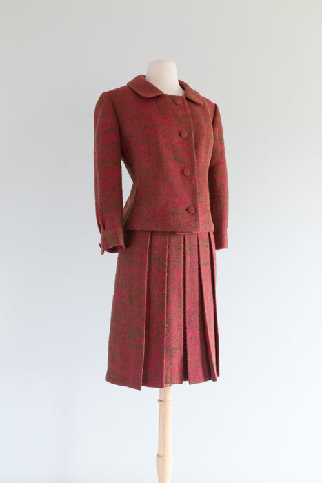 Classic 1960's Davidow Wool Ladies Suit In Pink & Green Tweed / ML