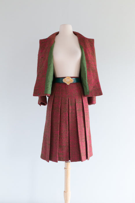 Classic 1960's Davidow Wool Ladies Suit In Pink & Green Tweed / ML