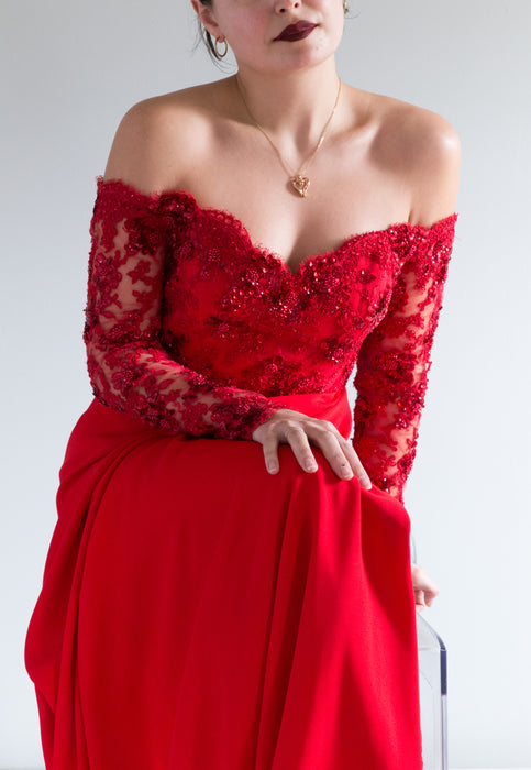 Fabulous Red 1980's Couture Gown By Chris Cole / Medium