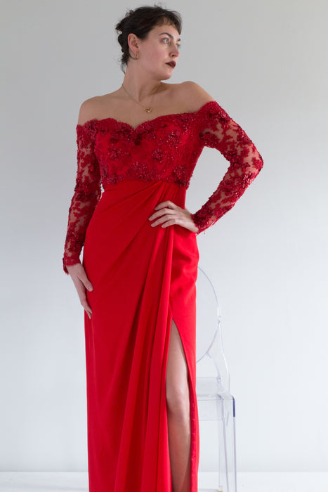 Fabulous Red 1980's Couture Gown By Chris Cole / Medium