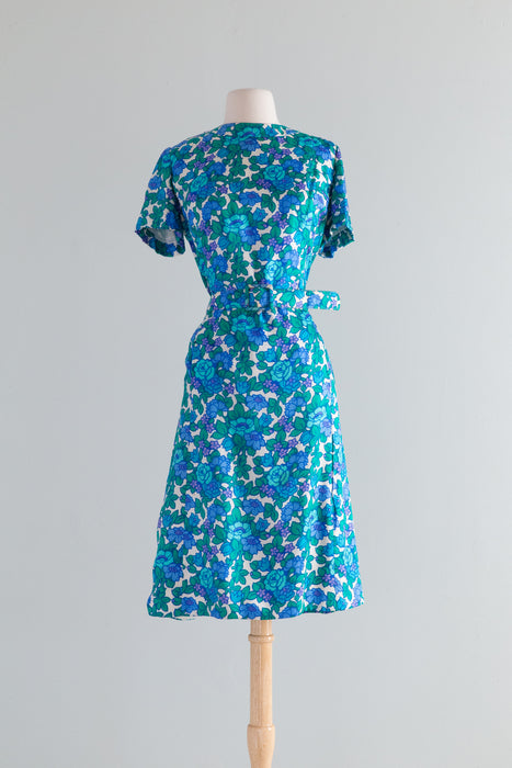 Fabulous 1960's Blue Floral Silk Dress & Jacket Set By Milton Saunders / ML