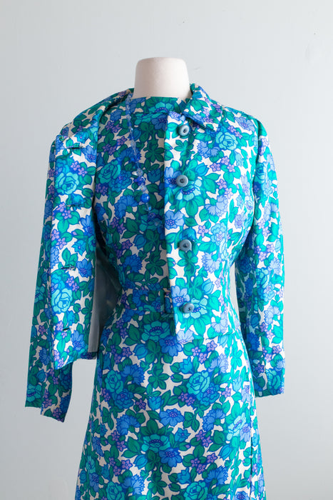 Fabulous 1960's Blue Floral Silk Dress & Jacket Set By Milton Saunders / ML