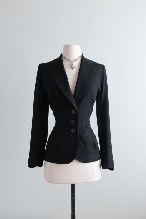 Impeccable 1940's Wasp-Waist Black Fitted Jacket From I Magnin / Small