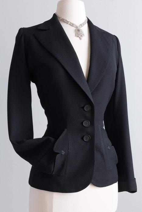 Impeccable 1940's Wasp-Waist Black Fitted Jacket From I Magnin / Small