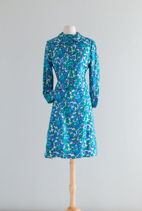 Fabulous 1960's Blue Floral Silk Dress & Jacket Set By Milton Saunders / ML