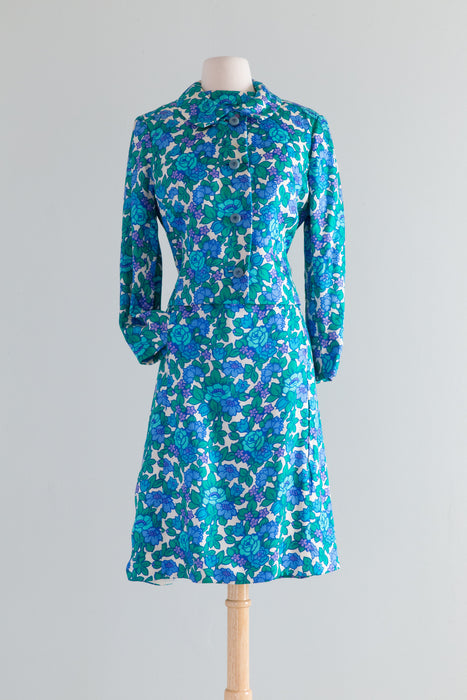 Fabulous 1960's Blue Floral Silk Dress & Jacket Set By Milton Saunders / ML