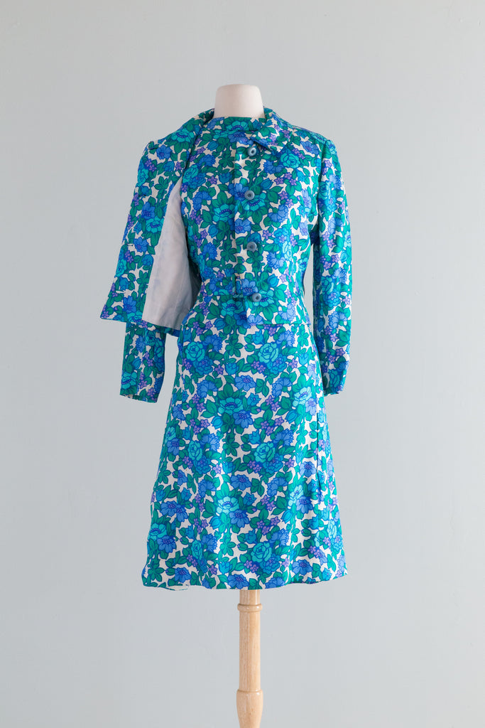 Fabulous 1960's Blue Floral Silk Dress & Jacket Set By Milton