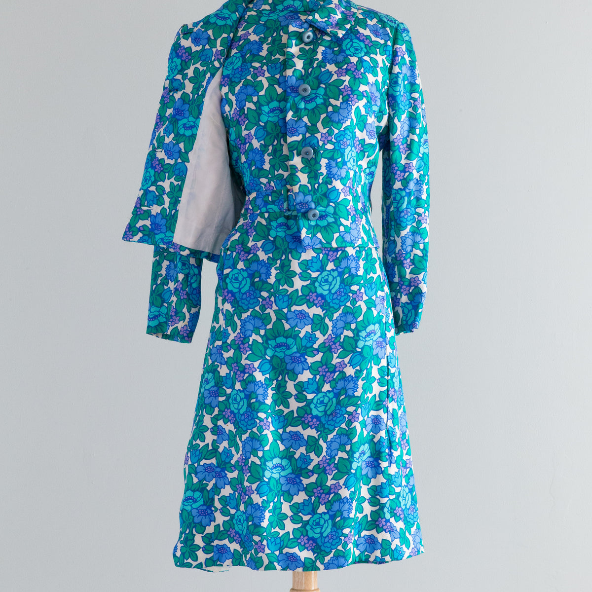 Fabulous 1960's Blue Floral Silk Dress & Jacket Set By Milton