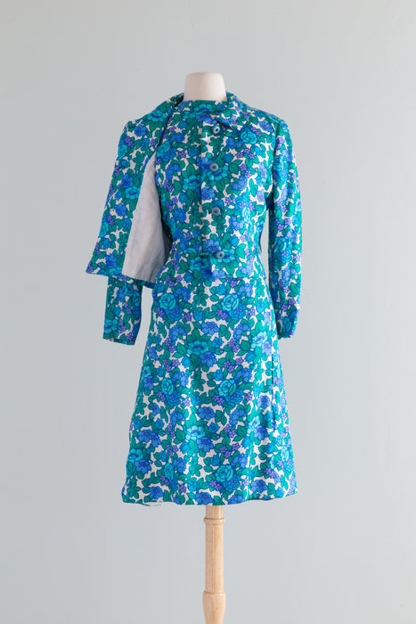 Fabulous 1960's Blue Floral Silk Dress & Jacket Set By Milton Saunders / ML