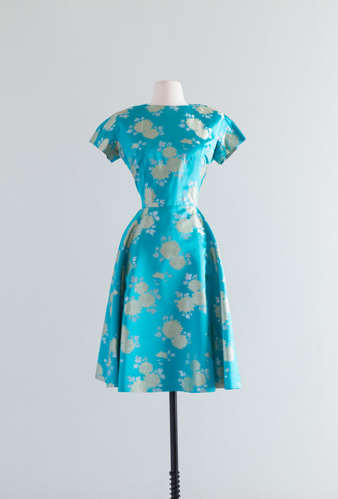 Beautiful 1960's Chinese Silk Gold Floral Cocktail Dress / Medium
