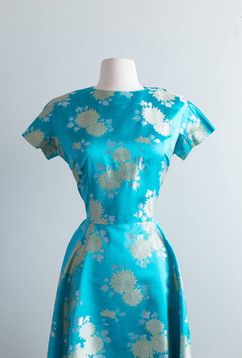 Beautiful 1960's Chinese Silk Gold Floral Cocktail Dress / Medium