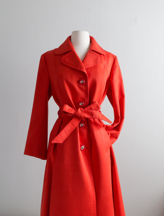 TOMATO Red 1970's Cotton Trench Coat By Cyclone, Paris / Medium