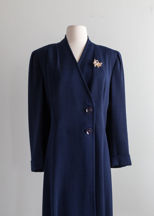 Tailored 1940's Navy Blue Wool Gabardine Princess Coat / ML