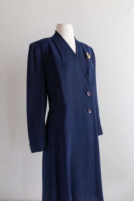 Tailored 1940's Navy Blue Wool Gabardine Princess Coat / ML