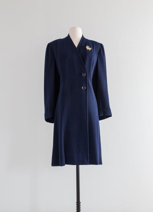 Tailored 1940's Navy Blue Wool Gabardine Princess Coat / ML