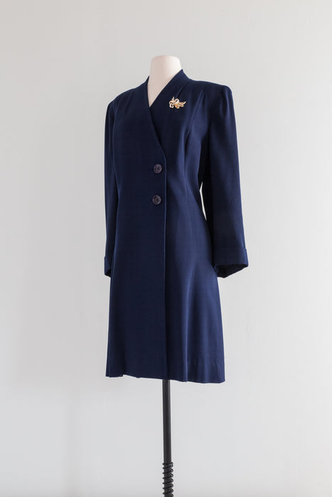 Tailored 1940's Navy Blue Wool Gabardine Princess Coat / ML