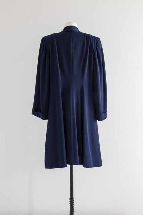 Tailored 1940's Navy Blue Wool Gabardine Princess Coat / ML