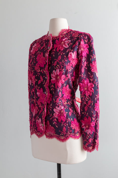 Vintage 1980's Couture Rose Lace Blouse Jacket / Medium