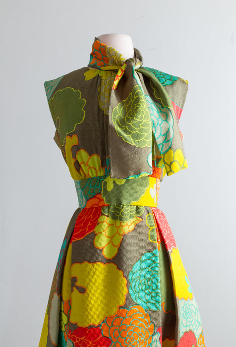 Fabulous 1960's Pauline Trigere Silk Matelasse Tropical Floral Print Dress / Medium