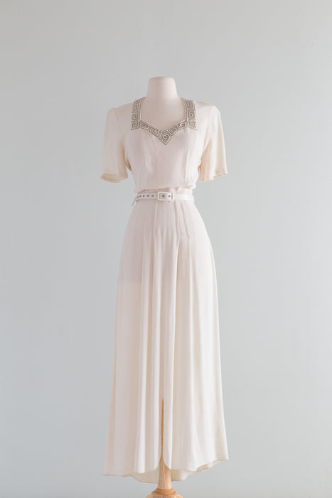 Elegant 1940's Ivory Crepe Evening Dress With Beaded Greek Key Necklin Xtabay Vintage Elegant 1940's Ivory Crepe Evening Dress With Beaded Greek Key Necklin Xtabay Vintage