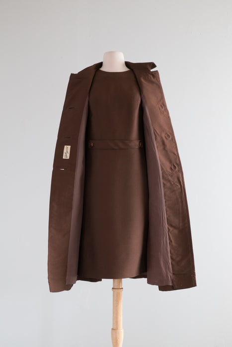 Elegant 1960's Chocolate Silk Two Piece Dress & Coat Set By Robert Leonard / ML