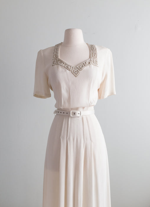 Elegant 1940's Ivory Crepe Evening Dress With Beaded Greek Key Neckline / Medium