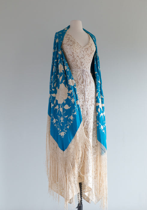 Exquisite Embroidered Cantonese Manton Shawl in Turquoise Silk