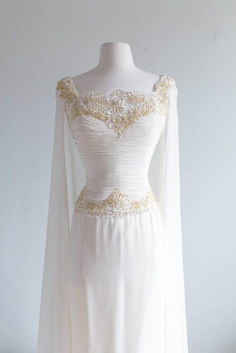Vintage Designer Goddess Chiffon Wedding Gown With Cape / Medium