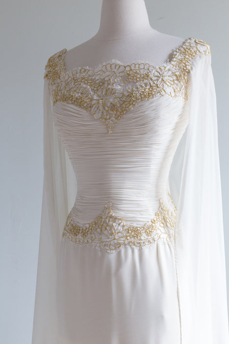 Vintage Designer Goddess Chiffon Wedding Gown With Cape / Medium Xtabay Vintage Vintage Designer Goddess Chiffon Wedding Gown With Cape / Medium Xtabay Vintage