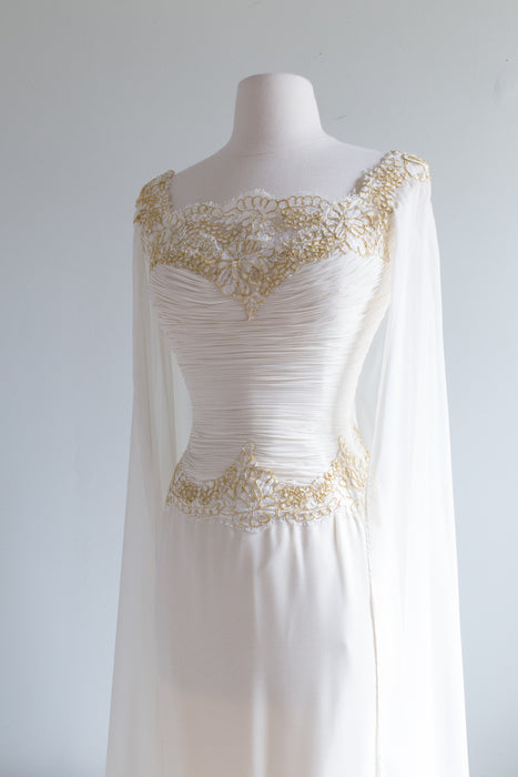 Vintage Designer Goddess Chiffon Wedding Gown With Cape / Medium