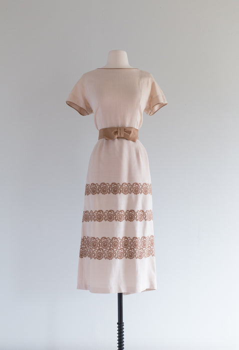 Darling 1950's Embroidered Wiggle Dress By Henry Lee / M