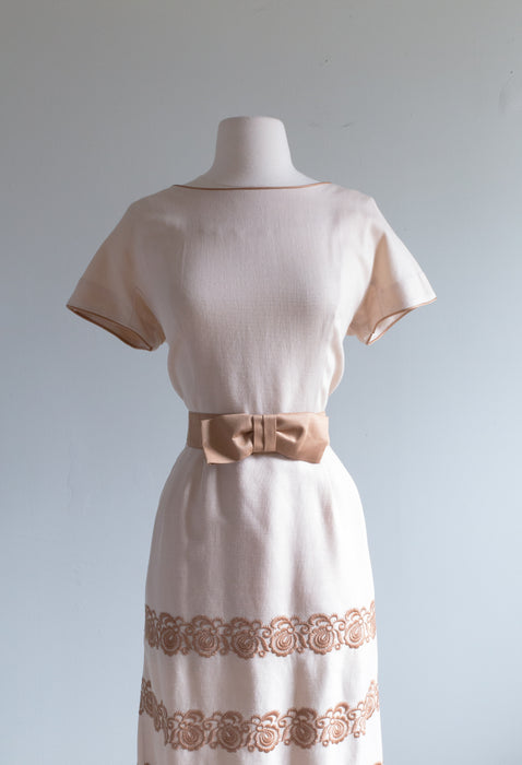 Darling 1950's Embroidered Wiggle Dress By Henry Lee / M