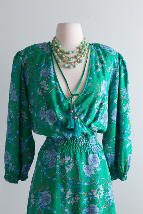 Fabulous 1980's Diane Freis Silk Floral Print Dress With Tassels / L