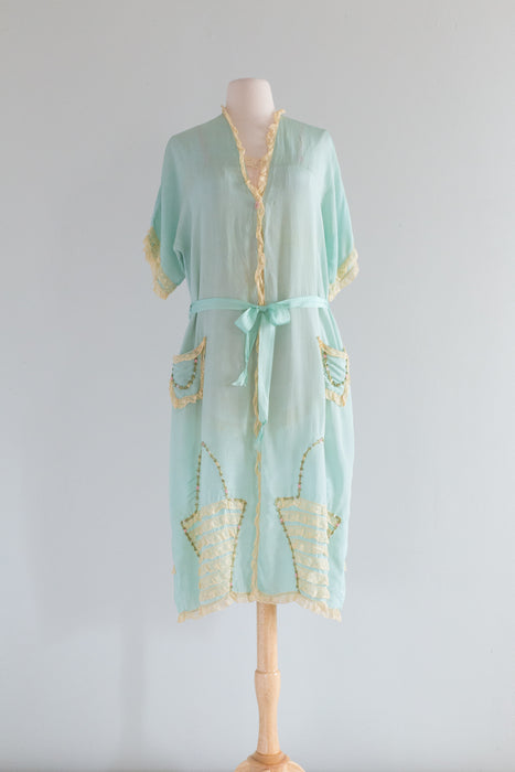 Ethereal 1920's Aquamarine Silk Robe With Flower Baskets / SM