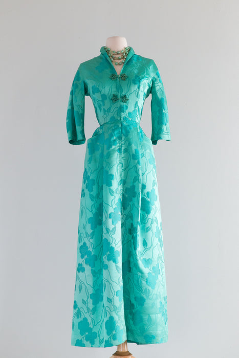 Gorgeous 1950's Jade Green Silk Brocade Hostess Gown / Small