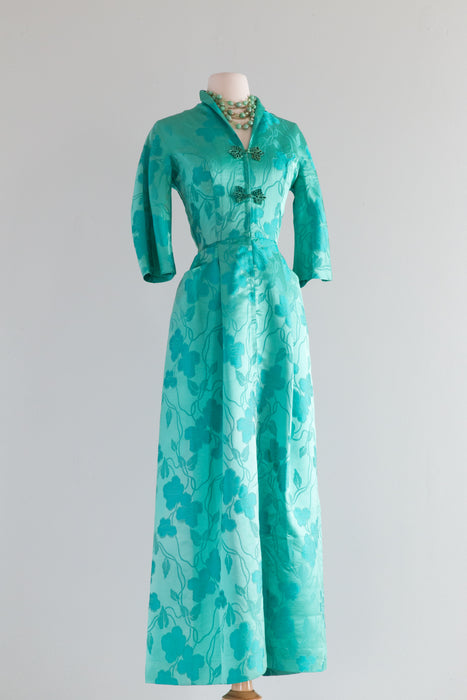 Gorgeous 1950's Jade Green Silk Brocade Hostess Gown / Small